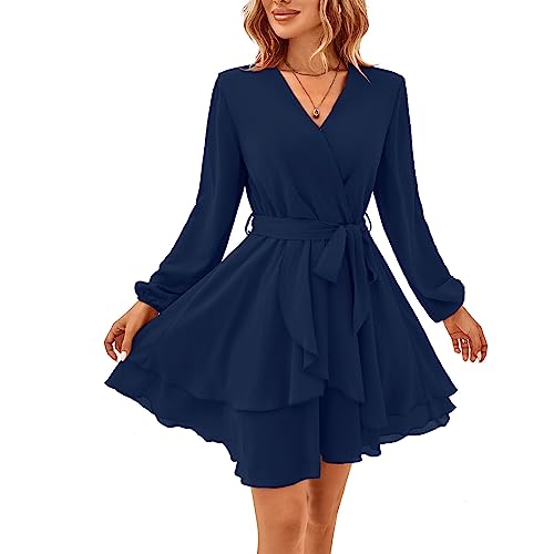 TcIFE Damen Kurz Kleid Langarm Casual V-Ausschnitt Tunika Kleider Einfarbig Rüschen Minikleid Swing Skater Hohe Taille Wickelkleid Chiffon, Marineblau, S von TcIFE