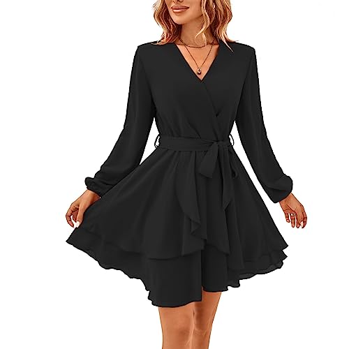 TcIFE Damen Kurz Kleid Langarm Casual V-Ausschnitt Tunika Kleider Einfarbig Rüschen Minikleid Swing Skater Hohe Taille Wickelkleid Chiffon, Schwarz, L von TcIFE