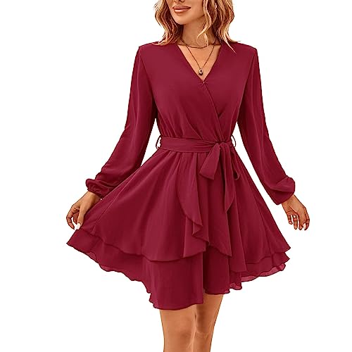 TcIFE Damen Kurz Kleid Langarm Casual V-Ausschnitt Tunika Kleider Einfarbig Rüschen Minikleid Swing Skater Hohe Taille Wickelkleid Chiffon, Weinrot, S-1 von TcIFE
