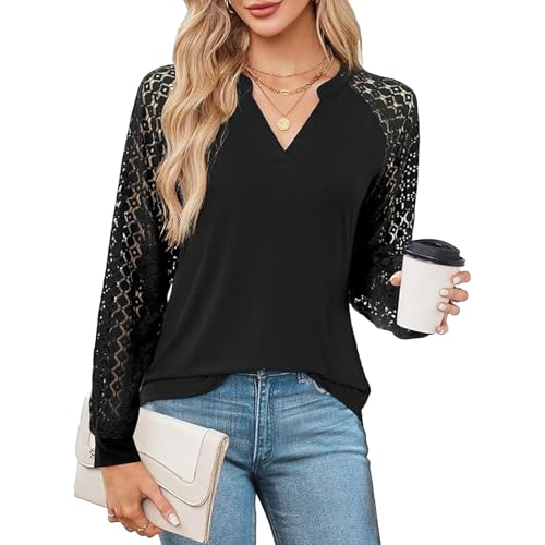 TcIFE Damen Langarmshirt Bluse – Elegantes V-Ausschnitt Tshirt mit Spitzenärmeln, Pullover Oberteile Tunika für Herbst Tops von TcIFE