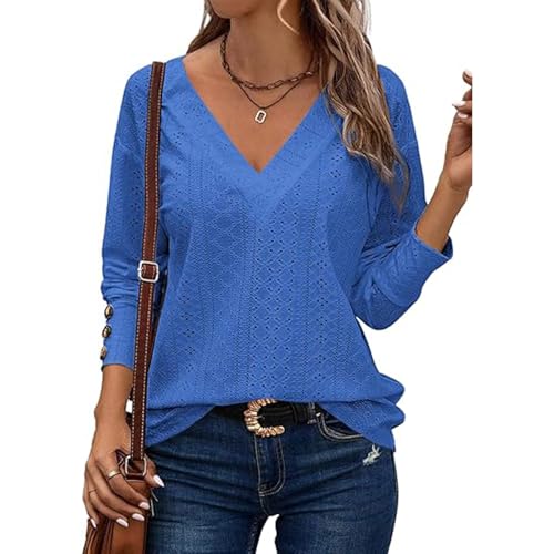 TcIFE Damen Langarmshirt - Elegante Bluse mit V-Ausschnitt, Spitze Oberteile Schicken Knöpfe Manschetten Tunika Top von TcIFE