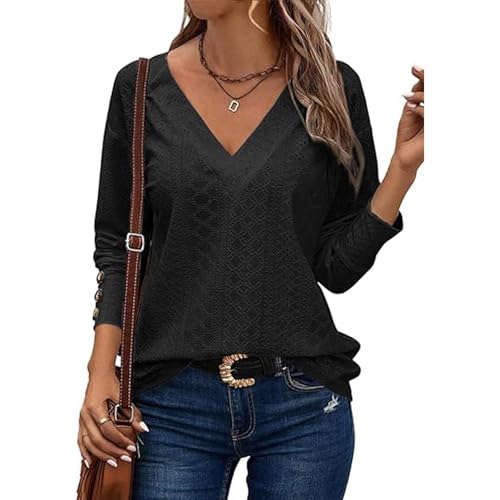 TcIFE Damen Langarmshirt - Elegante Bluse mit V-Ausschnitt, Spitze Oberteile Schicken Knöpfe Manschetten Tunika Top von TcIFE