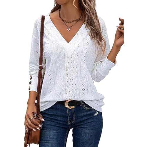 TcIFE Damen Langarmshirt - Elegante Bluse mit V-Ausschnitt, Spitze Oberteile Schicken Knöpfe Manschetten Tunika Top von TcIFE