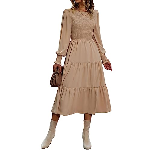 TcIFE Damen Rundhalsausschnitt Langarm Lang Kleid Gesmoktes Elastische Hohe Taille Maxikleid Gestuftes Rüschen A-Linie Einfarbig Kleider Freizeitkleider, Khaki, XL von TcIFE