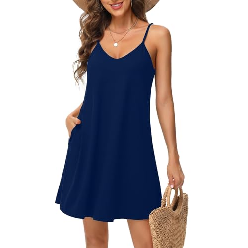 TcIFE Damen Sommer Kleid, Spaghettiträger V Ausschnitt Minikleid ärmelloses, Freizeitkleider Kurzes Lässiges Strandkleid von TcIFE