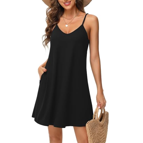 TcIFE Damen Sommer Kleid, Spaghettiträger V Ausschnitt Minikleid ärmelloses, Freizeitkleider Kurzes Lässiges Strandkleid von TcIFE