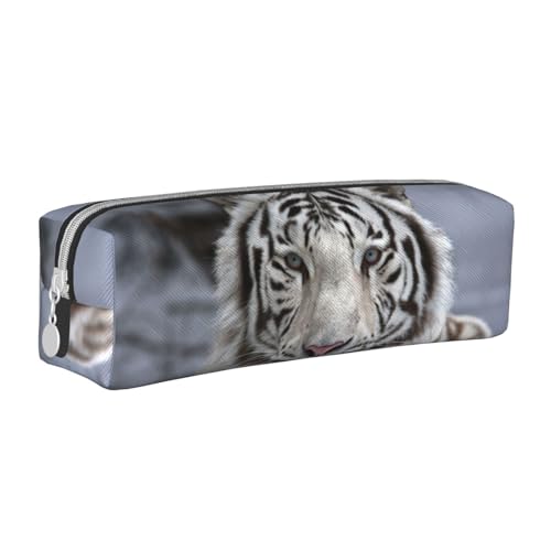 Federmäppchen, tragbar, zylindrisch, mit Reißverschluss, Kosmetiktasche aus Leder,Weißer Tiger von Tcoay