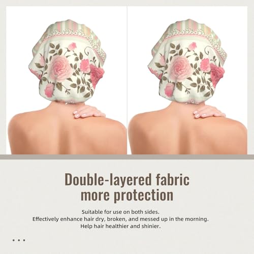 Rosa Blumen Tupfen Neutral Gestreift Combo Vintage Shabby Chic Blume Spitze Muster,Verstellbare Seiden-Haarhaube für Erwachsene, Satin-Schlafmütze, elastische Schlafhaube für Damen von Tcoay