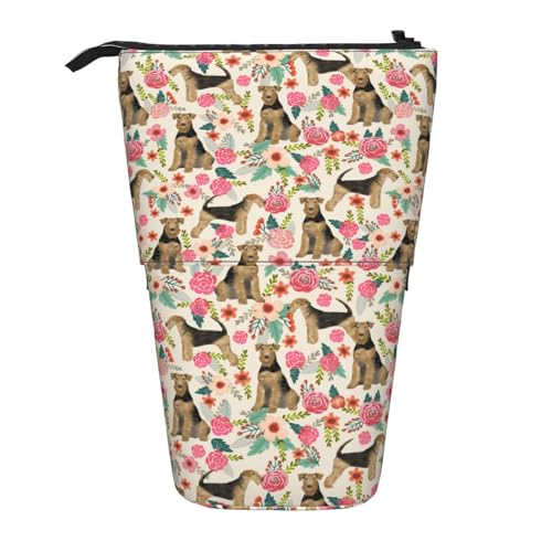 Tcoay Airedale Terrier Hund, süße Hunde, stehender Stiftehalter, Schreibwarentasche, Stiftetasche, Organizer, Teleskop-Federmäppchen von Tcoay