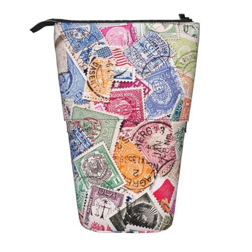 Tcoay Alte Briefmarken, Verschiedene Länder, stehender Stiftehalter, Schreibwarentasche, Stiftetasche, Organizer, Teleskop-Stifteetui von Tcoay