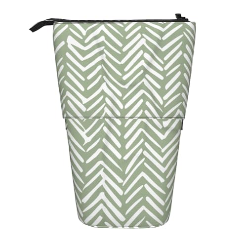 Tcoay Boho Fischgrätenmuster Salbeigrün und Weiß, Stehender Stiftehalter, Schreibwarentasche, Stiftetasche, Organizer, Teleskop-Stifteetui von Tcoay