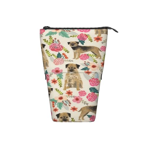 Tcoay Border Terrier Blumen Hunderasse Creme, Stehender Stiftehalter Schreibwarentasche Bleistiftbeutel Organizer Teleskop-Federmäppchen von Tcoay