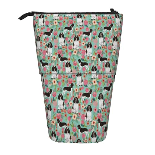 Tcoay Englischer Springer Spaniel, Hunderasse, Blumenmuster, Hund, stehender Stiftehalter, Schreibwarentasche, Stiftetasche, Organizer, Teleskop-Federmäppchen von Tcoay
