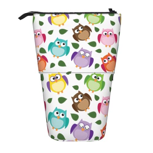 Tcoay Eulenmuster mit Blättern, geschlossenen, gekreuzten Augen, lustiger Humor, Comic, künstlerisch, stehender Stiftehalter, Schreibwarentasche, Stiftetasche, Organizer, Teleskop-Federmäppchen von Tcoay