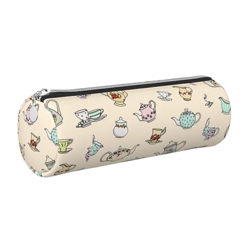 Tcoay Federmäppchen, Kosmetiktasche aus Leder, tragbares Federmäppchen mit silbernem Reißverschluss,Handgezeichnete Vintage Teekannen von Tcoay
