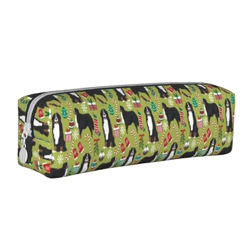 Federmäppchen, tragbar, zylindrisch, mit Reißverschluss, Kosmetiktasche aus Leder,Berner Sennenhunde Weihnachten Süßer Hund von Tcoay