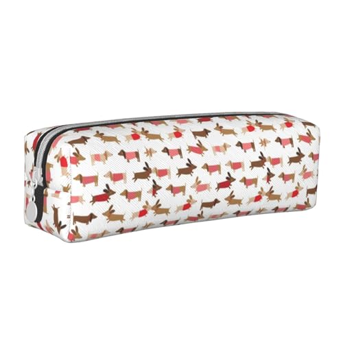 Federmäppchen, tragbar, zylindrisch, mit Reißverschluss, Kosmetiktasche aus Leder,Dackel mit Rot von Tcoay