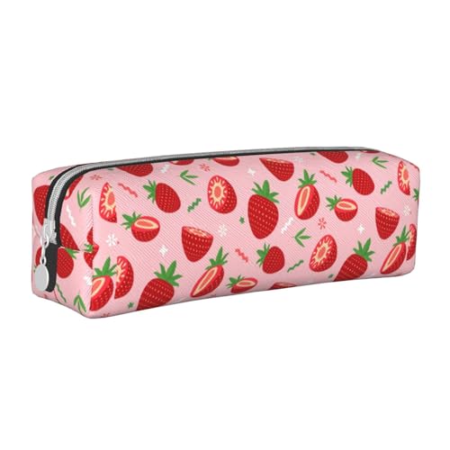 Federmäppchen, tragbar, zylindrisch, mit Reißverschluss, Kosmetiktasche aus Leder,Erdbeere auf Rosa von Tcoay