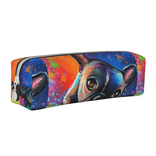 Federmäppchen, tragbar, zylindrisch, mit Reißverschluss, Kosmetiktasche aus Leder,Gemälde Einer französischen Bulldogge von Tcoay