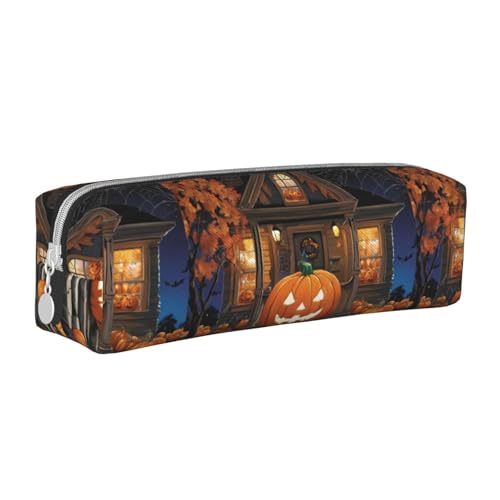 Federmäppchen, tragbar, zylindrisch, mit Reißverschluss, Kosmetiktasche aus Leder,Halloween-Kürbishütte von Tcoay