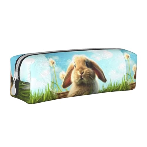 Federmäppchen, tragbar, zylindrisch, mit Reißverschluss, Kosmetiktasche aus Leder,Hase auf dem Gras von Tcoay