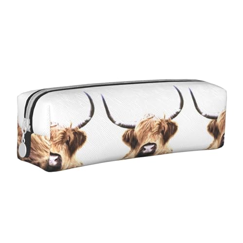Federmäppchen, tragbar, zylindrisch, mit Reißverschluss, Kosmetiktasche aus Leder,Hochlandkuh-Porträt von Tcoay
