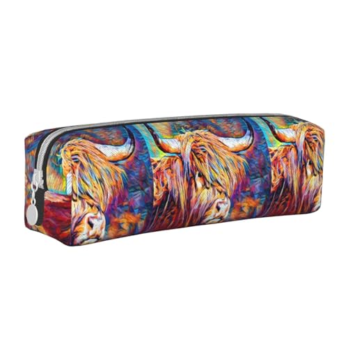 Federmäppchen, tragbar, zylindrisch, mit Reißverschluss, Kosmetiktasche aus Leder,Hochlandrind von Tcoay