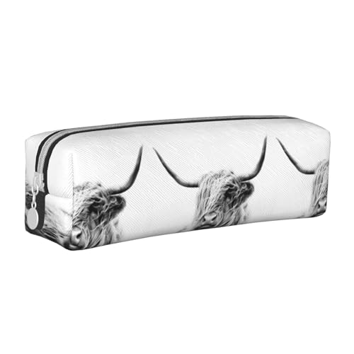 Federmäppchen, tragbar, zylindrisch, mit Reißverschluss, Kosmetiktasche aus Leder,Hochlandrind von Tcoay