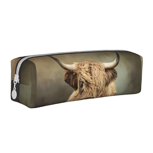 Federmäppchen, tragbar, zylindrisch, mit Reißverschluss, Kosmetiktasche aus Leder,Hochlandrind von Tcoay