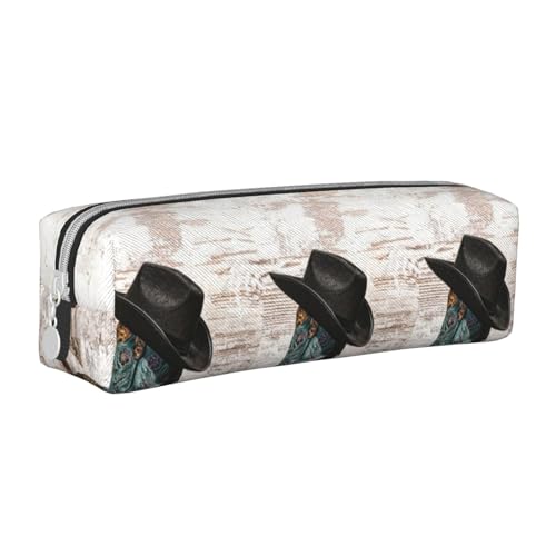 Federmäppchen, tragbar, zylindrisch, mit Reißverschluss, Kosmetiktasche aus Leder,Hut und Cowgirlstiefel von Tcoay
