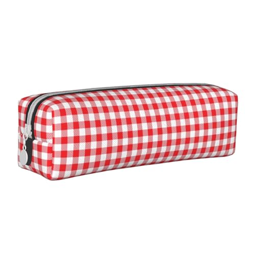 Tcoay Federmäppchen, tragbar, zylindrisch, mit Reißverschluss, Kosmetiktasche aus Leder,Karierte geometrische rot-weiße Karierte Schönheit von Tcoay