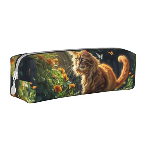 Federmäppchen, tragbar, zylindrisch, mit Reißverschluss, Kosmetiktasche aus Leder,Katzen- und Schmetterlingswiese von Tcoay