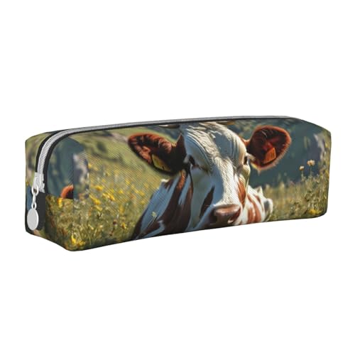 Federmäppchen, tragbar, zylindrisch, mit Reißverschluss, Kosmetiktasche aus Leder,Kuh auf dem Gras von Tcoay