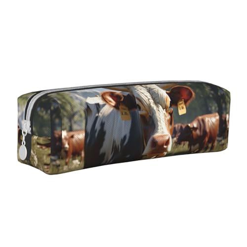 Federmäppchen, tragbar, zylindrisch, mit Reißverschluss, Kosmetiktasche aus Leder,Kuh auf dem Gras von Tcoay