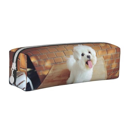 Federmäppchen, tragbar, zylindrisch, mit Reißverschluss, Kosmetiktasche aus Leder,Malteser Hund von Tcoay