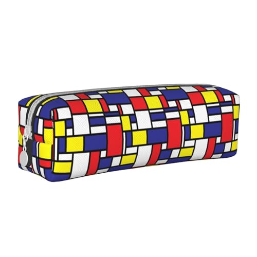 Federmäppchen, tragbar, zylindrisch, mit Reißverschluss, Kosmetiktasche aus Leder,Mondrian-Musterdruck von Tcoay