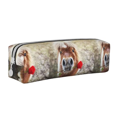 Federmäppchen, tragbar, zylindrisch, mit Reißverschluss, Kosmetiktasche aus Leder,Pferd und Rose von Tcoay