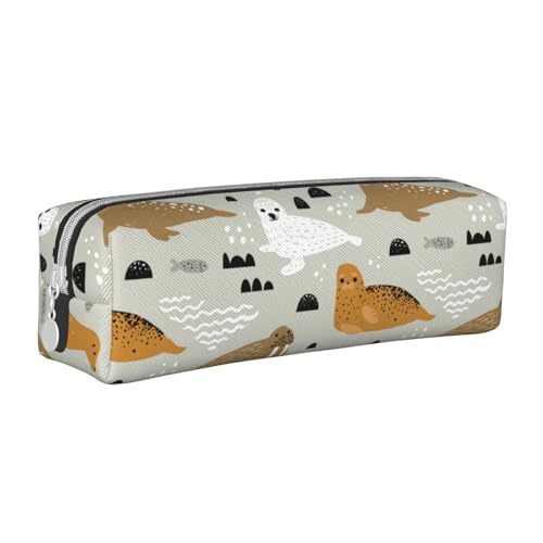 Federmäppchen, tragbar, zylindrisch, mit Reißverschluss, Kosmetiktasche aus Leder,Robben- und Walrossmuster von Tcoay