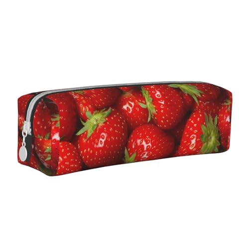 Federmäppchen, tragbar, zylindrisch, mit Reißverschluss, Kosmetiktasche aus Leder,Rote Erdbeere von Tcoay