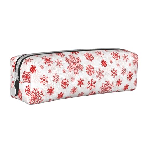 Federmäppchen, tragbar, zylindrisch, mit Reißverschluss, Kosmetiktasche aus Leder,Rote Schneeflocke Weiße Weihnachten von Tcoay