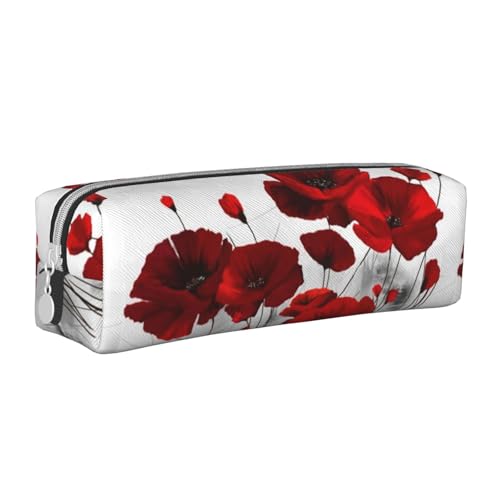 Federmäppchen, tragbar, zylindrisch, mit Reißverschluss, Kosmetiktasche aus Leder,Roter Mohnblumendruck von Tcoay