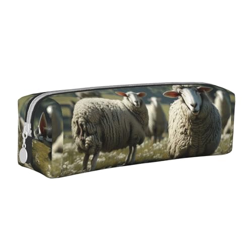 Federmäppchen, tragbar, zylindrisch, mit Reißverschluss, Kosmetiktasche aus Leder,Schafe auf dem Gras von Tcoay
