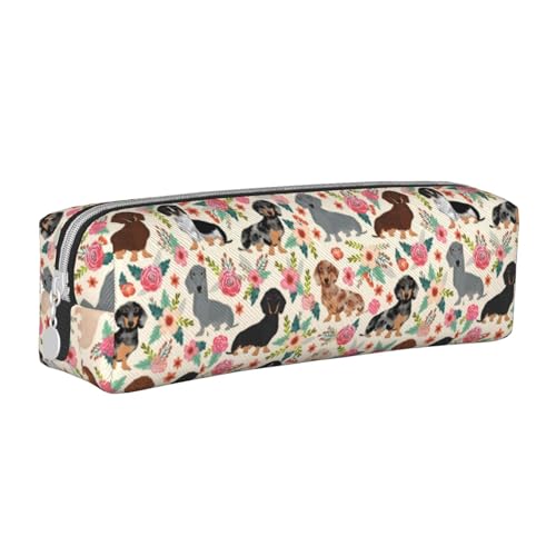 Federmäppchen, tragbar, zylindrisch, mit Reißverschluss, Kosmetiktasche aus Leder,Stoff mit Dackelblumen von Tcoay