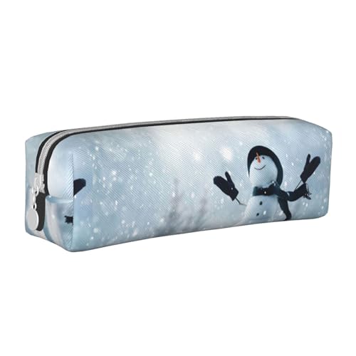 Federmäppchen, tragbar, zylindrisch, mit Reißverschluss, Kosmetiktasche aus Leder,Weihnachten Happy Snowman gedruckt von Tcoay