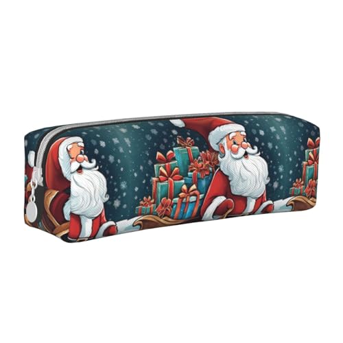 Federmäppchen, tragbar, zylindrisch, mit Reißverschluss, Kosmetiktasche aus Leder,Weihnachtsmann von Tcoay