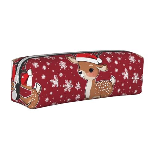 Federmäppchen, tragbar, zylindrisch, mit Reißverschluss, Kosmetiktasche aus Leder,Weihnachtsrentier mit Weihnachtsmütze von Tcoay