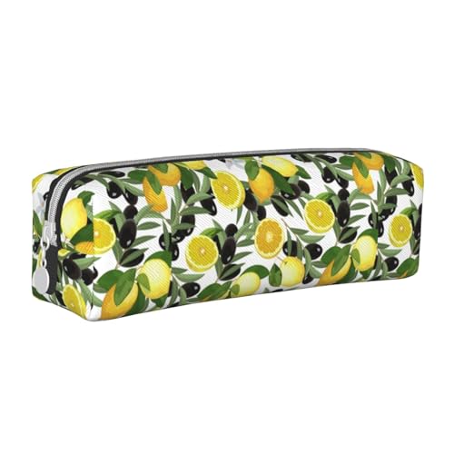 Federmäppchen, tragbar, zylindrisch, mit Reißverschluss, Kosmetiktasche aus Leder,Zitrone und Olive von Tcoay