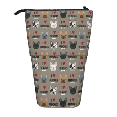 Tcoay Frenchie-Hund, ich Liebe französische Bulldoggen, Frenchie-Gesicht, mittelbraun, stehender Stiftehalter, Schreibwarentasche, Stiftetasche, Organizer, Teleskop-Federmäppchen von Tcoay