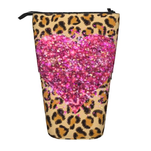 Tcoay Funkelnde rosa Herzen und Leopardenmuster, stehender Stifthalter, Schreibwarentasche, Stiftetasche, Organizer, Teleskop-Federmäppchen von Tcoay