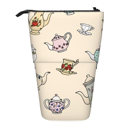 Tcoay Handgezeichnete Vintage-Teekannen, stehender Stiftehalter, Schreibwarentasche, Stiftetasche, Organizer, Teleskop-Federmäppchen von Tcoay